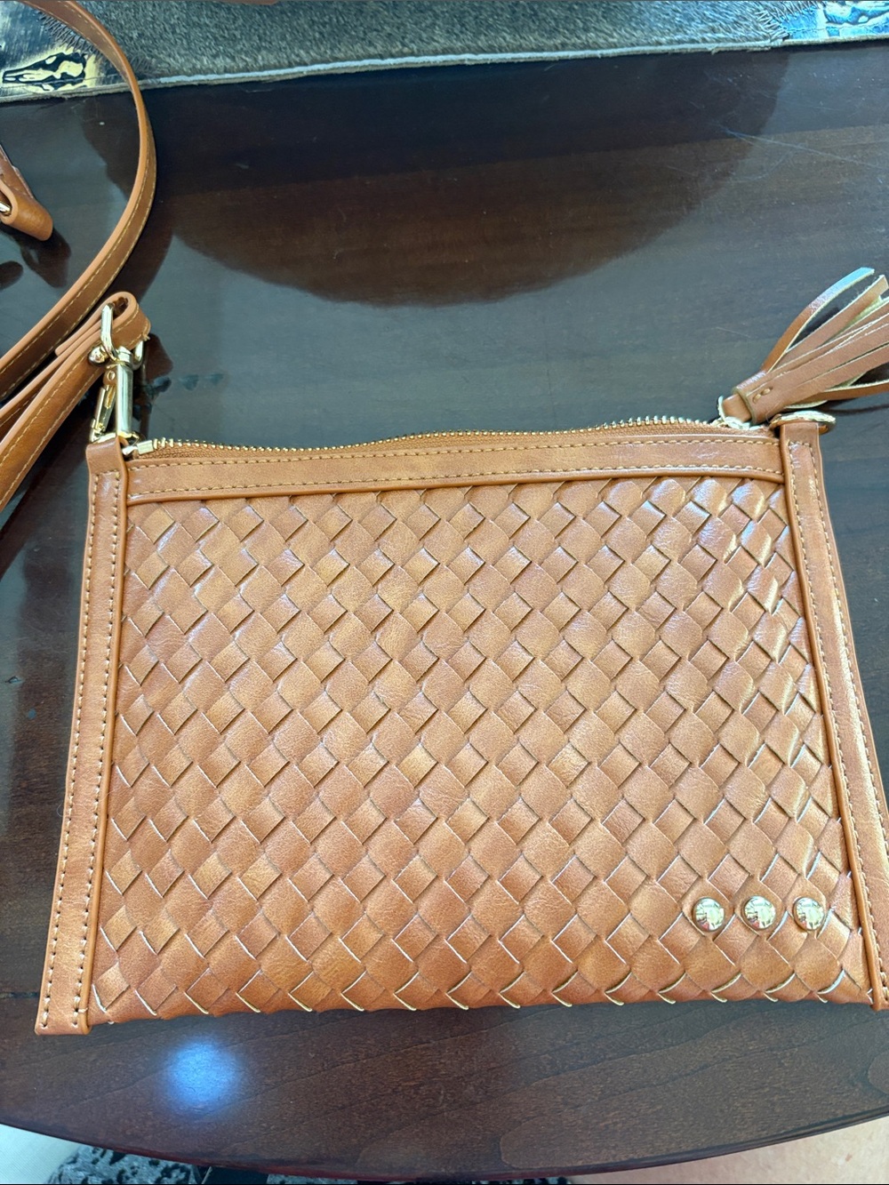 Woven Leather Crossbody Clutch in Cognac